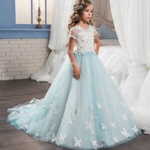 Butterfly Fancy Dress for Girls with Tulle and Lace Top in Blue and White
